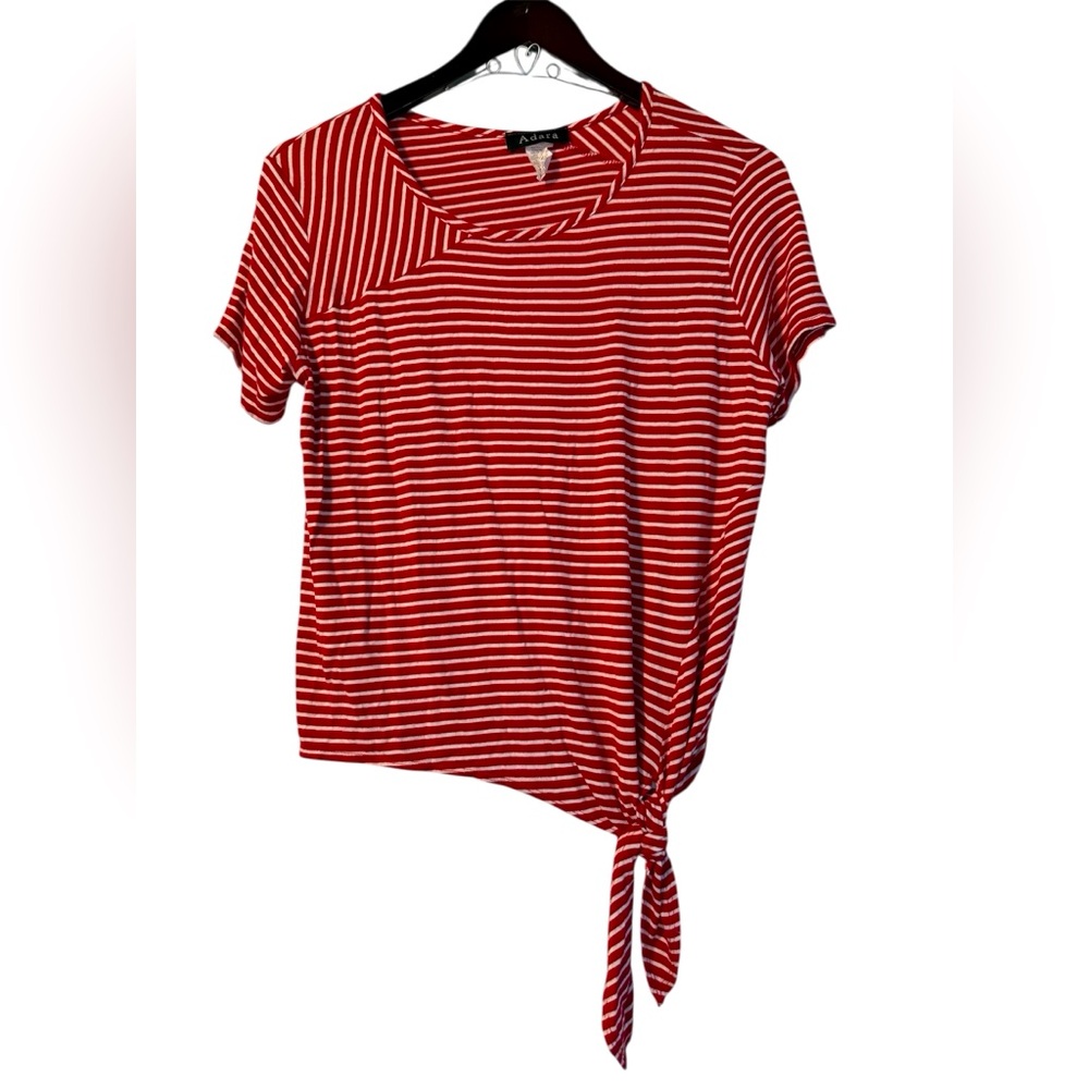 Adara Red White Striped Tie Front Top Asymmetrical Short Sleeves Women’s Medium